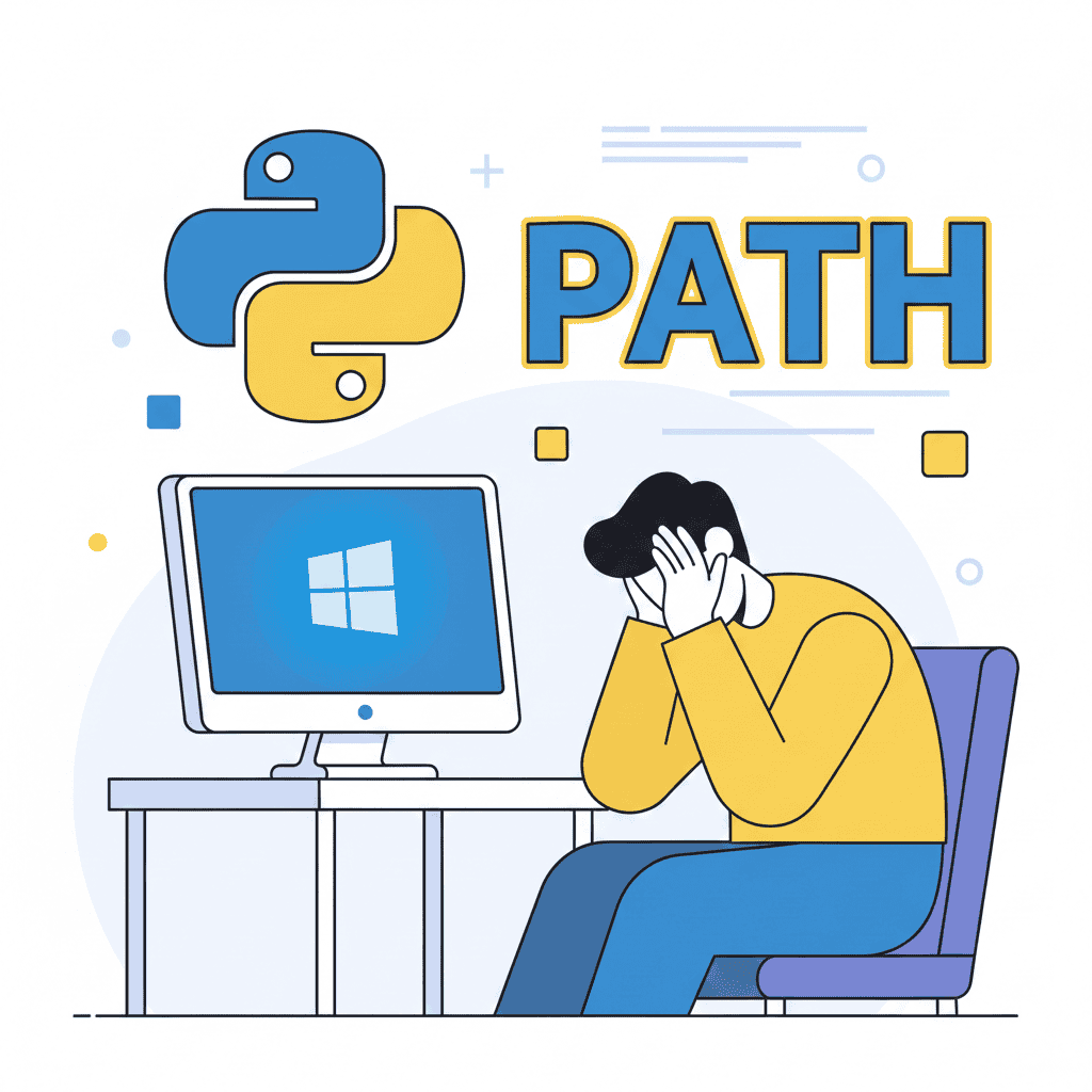 윈도우에서 파이썬 설치 오류와 PATH 문제로 고민하는 개발자 일러스트